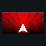 Pôster Art deco, vermelho<br><div class="desc">Um padrão solar clássico de deco de arte em vermelho. Um padrão icônico da ascensão solar por trás de um edifício estilizado em forma de arte. Um design simples,  mas elegante,  verdadeiro à era.</div>