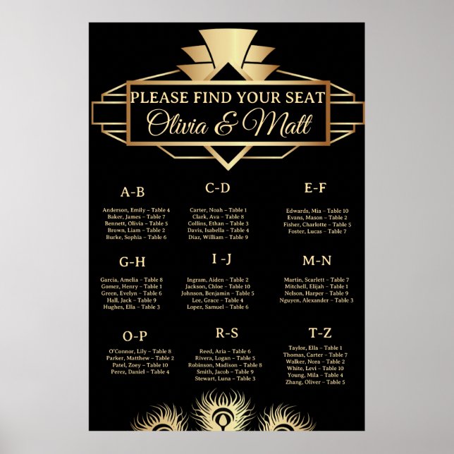 Poster  Art Deco Wedding Alphabetical Seating  (Frente)
