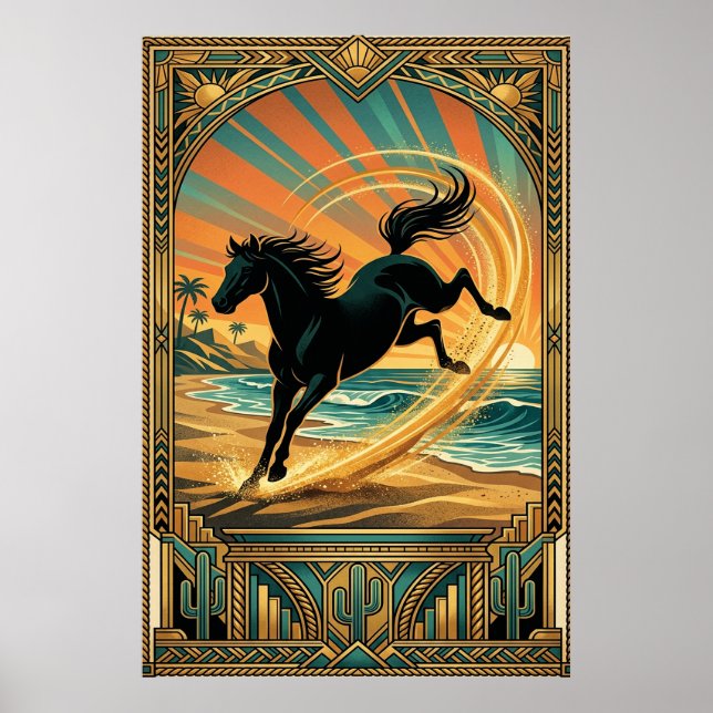 Poster Art Deco Wild Horse Beach Sunset Teal Orange (Frente)
