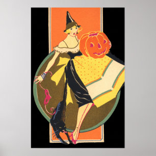 Pôster Art Deco Witch Jack O Lantern Pumpkin