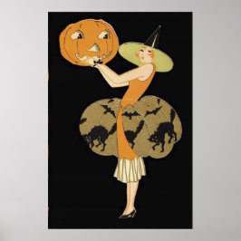 Poster Art Deco Witch Jack O Lantern Pumpkin Black Cat
