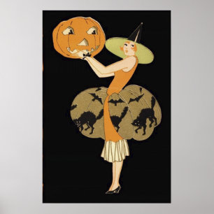 Poster Art Deco Witch Jack O Lantern Pumpkin Black Cat