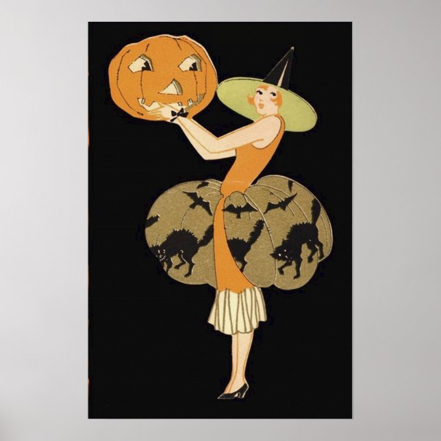 Poster Art Deco Witch Jack O Lantern Pumpkin Black Cat (Frente)