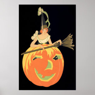 Pôster Art Deco Witch Jack O Lantern Pumpkin Broom