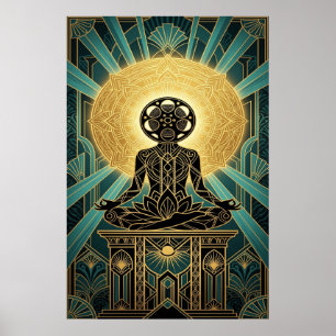 Poster Art Deco Zen Filme Meditação Dourado & Azul Turque