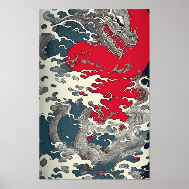 Poster Art Hokusai Die Welle mit Drachen (Frente)