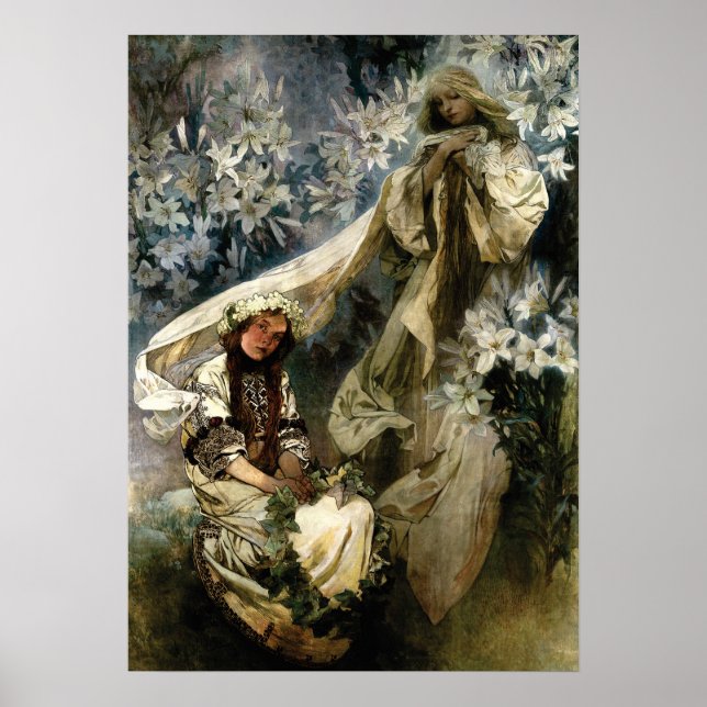 Poster Art Nouveau 1905 Madonna dos lírios por Mucha (Frente)