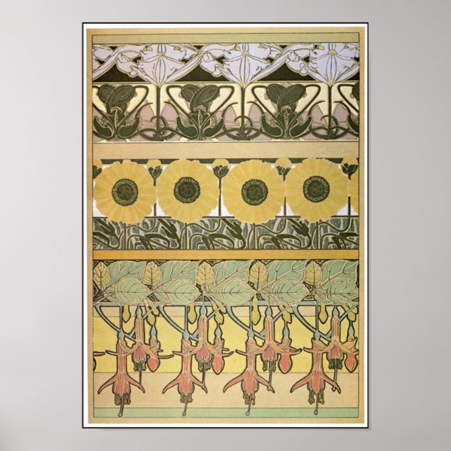 Poster Art nouveau alfônimo mucha fuschia flores (Frente)