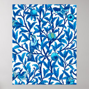 Poster Art Nouveau Bird and Pomegranate, Cobalt Blue