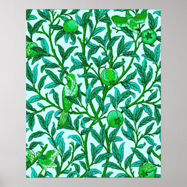 Poster Art Nouveau Bird e Pomegranato, Turquoise & Aqua (Frente)