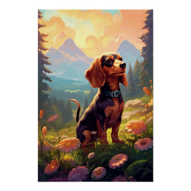 Pôster Art Nouveau Dachshund Com Flores (Frente)