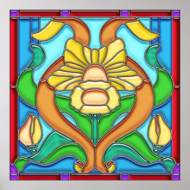 Poster Art Nouveau Daffodil Stain Glass Frame (Frente)