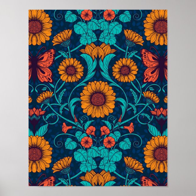 Poster Art Nouveau daisie em azul e amarelo (Frente)