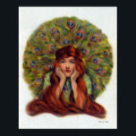 Poster Art nouveau deco elegante mulher, penas de pavão<br><div class="desc">Uma nouveau de arte,  a ilustração da vintagem de arte deco de uma mulher de cabelos longos,  vermelha,  enquadrada com penas de pavão Uma elegante ilustração vintage de uma beleza clássica.</div>