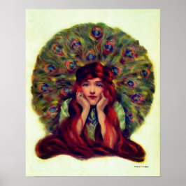 Poster Art nouveau deco elegante mulher, penas de pavão