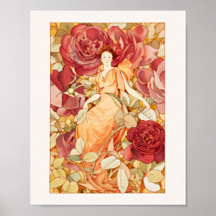 Poster Art Nouveau Fada com Rosas vermelhos e laranja