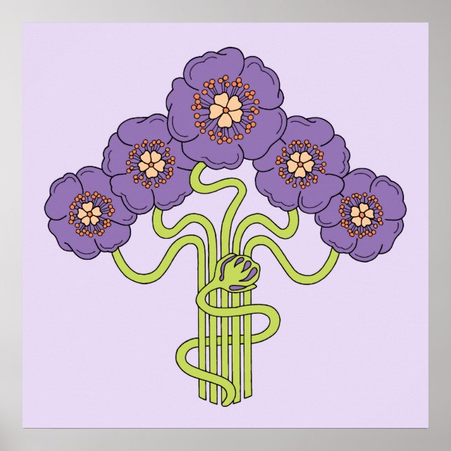 Pôster Art Nouveau flor desenho violeta (Frente)