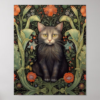 Poster Art nouveau gato preto e flores vermelhas