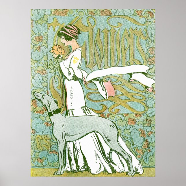 Poster Art Nouveau Greyhound e Lady com Flor (Frente)