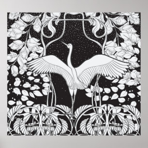 Poster Art Nouveau: Ilustração de Aves Florais