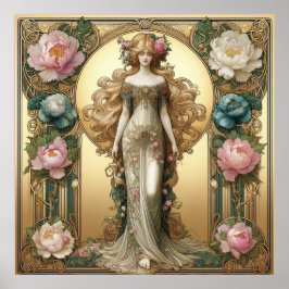 Poster Art Nouveau Lady with Peonies