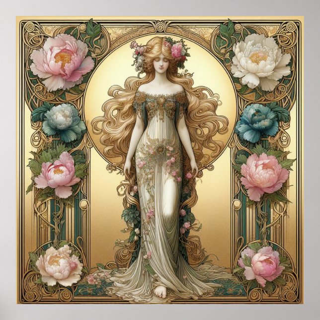 Poster Art Nouveau Lady with Peonies (Frente)