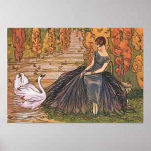 Poster Art Nouveau Mulher Swan Ilustração de arte de vint
