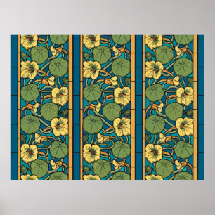 Pôster Art Nouveau Nasturtium Azul Dourado floral Verneui