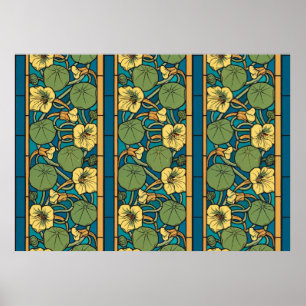 Pôster Art Nouveau Nasturtium Azul Dourado floral Verneui