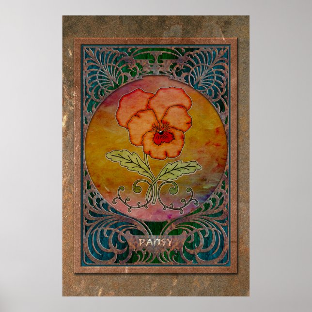 Poster Art Nouveau Pansy em uma armação de cobre Mucha (Frente)