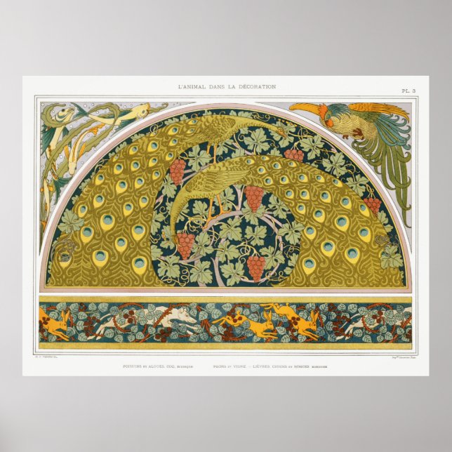 Poster Art nouveau pavão animais vidros verneuil (Frente)