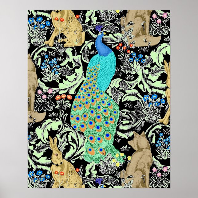 Poster Art Nouveau Peacock Impressão, Turquesa e Neutros (Frente)