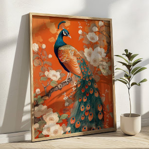 Poster Art Nouveau Peacock sobre Orange Floral