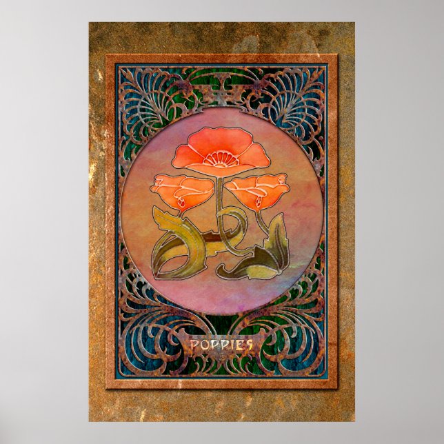 Pôster Art Nouveau Poppies in Coppery Mucha Frame (Frente)