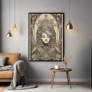 Poster Art Nouveau Retrato Feminino Intrai Arte Floral
