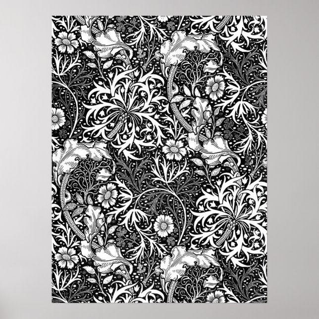 Pôster Art Nouveau Seaweed Floral, Preto e Branco (Frente)