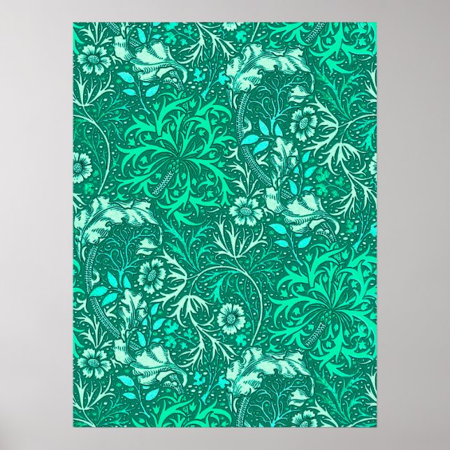 Pôster Art Nouveau Seaweed Floral, Turquesa e Aqua (Frente)