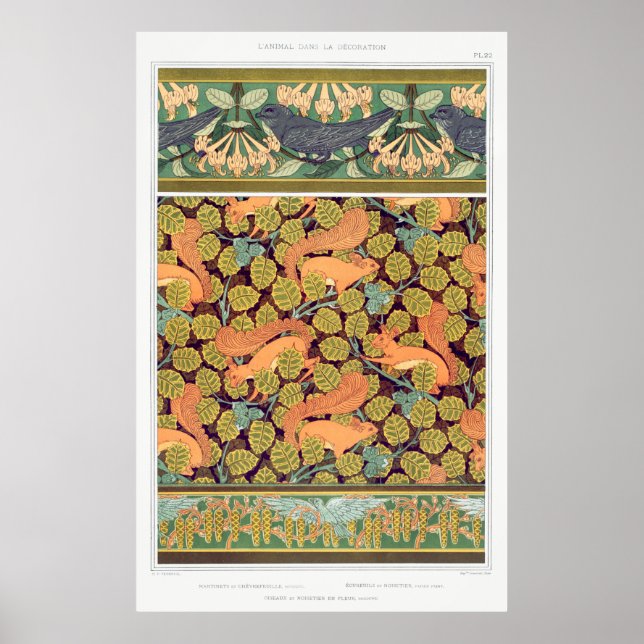 Poster Art nouveau squirrel aves queda floral arte têxtil (Frente)