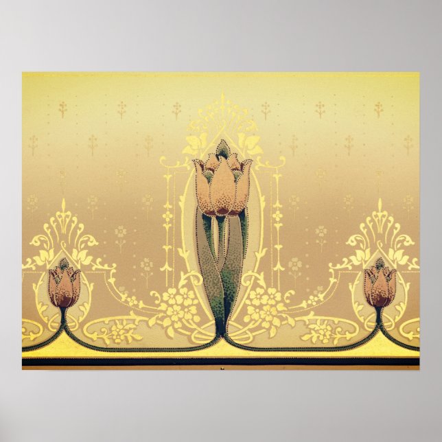 Poster Art nouveau tulipa floral rosa e ouro elegante (Frente)