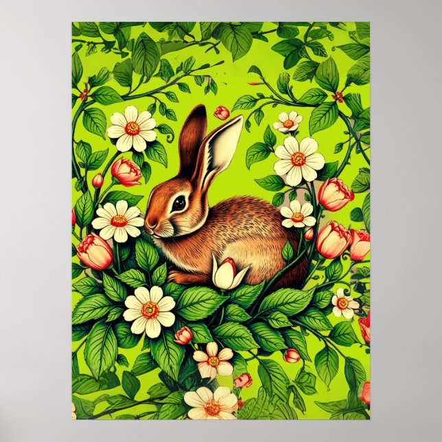 Poster Art Nouveau Wild Rabbit and Flowers (Frente)