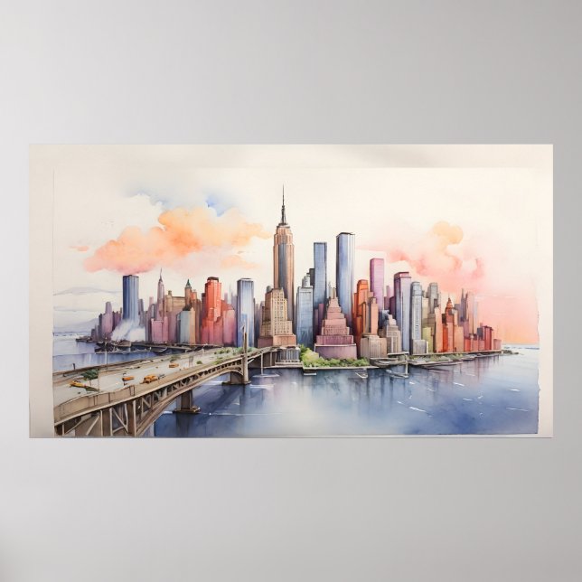 Poster Arte a aquarela de Nova Iorque (Frente)