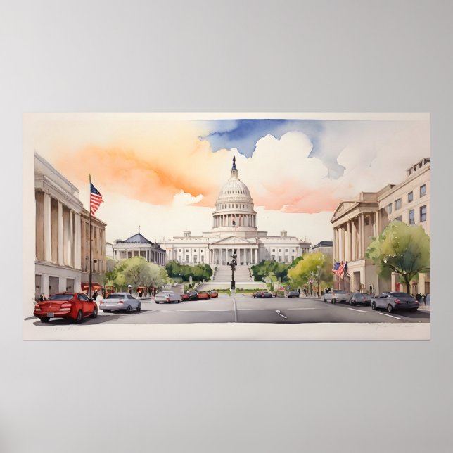 Poster Arte a aquarela Washington DC (Frente)