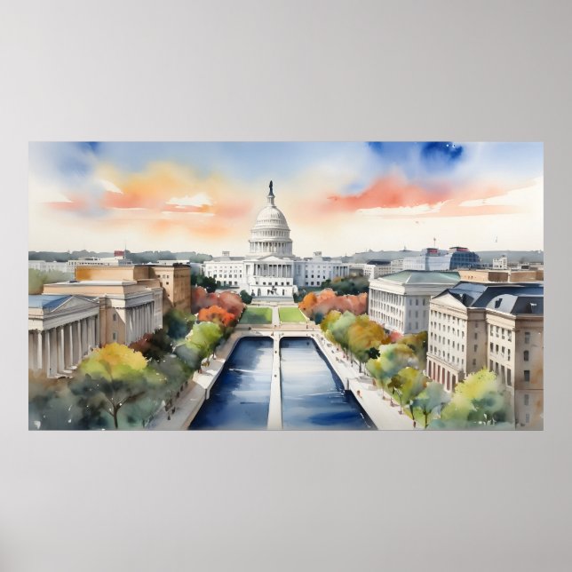 Poster Arte a aquarela Washington DC (Frente)