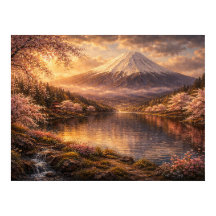 Arte a Óleo de Monte Fuji & Flores de Cerejeira