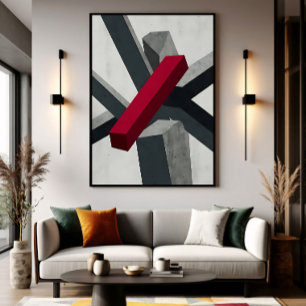 Poster Arte Abstrata 3D Vermelha Preta e Branca Ousada