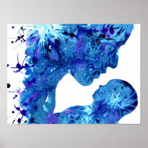 Pôster Arte Abstrata Aquarela Azul Mãe e Filho