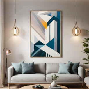 Poster Arte abstrata azul branco dourado Arquitetura Geom