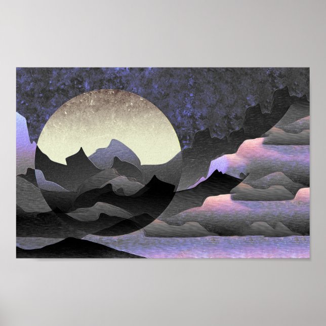 Poster Arte abstrata caprichosa da lua e montanhas (Frente)