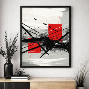 Poster Arte Abstrata com Blocos Vermelhos & Traços Pretos