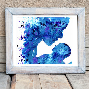 Pôster Arte Abstrata de Aquarela Mãe e Filho Azul